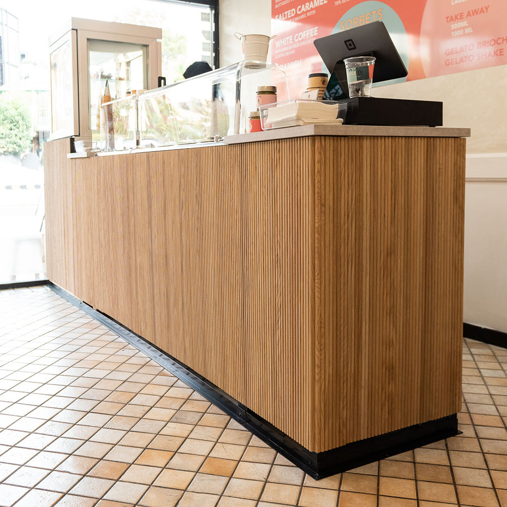 WOODFLEX Flexible Wooden Slat Under Bench Counter Panel - Oak Veneer - 900mm x 600mm - Half Round