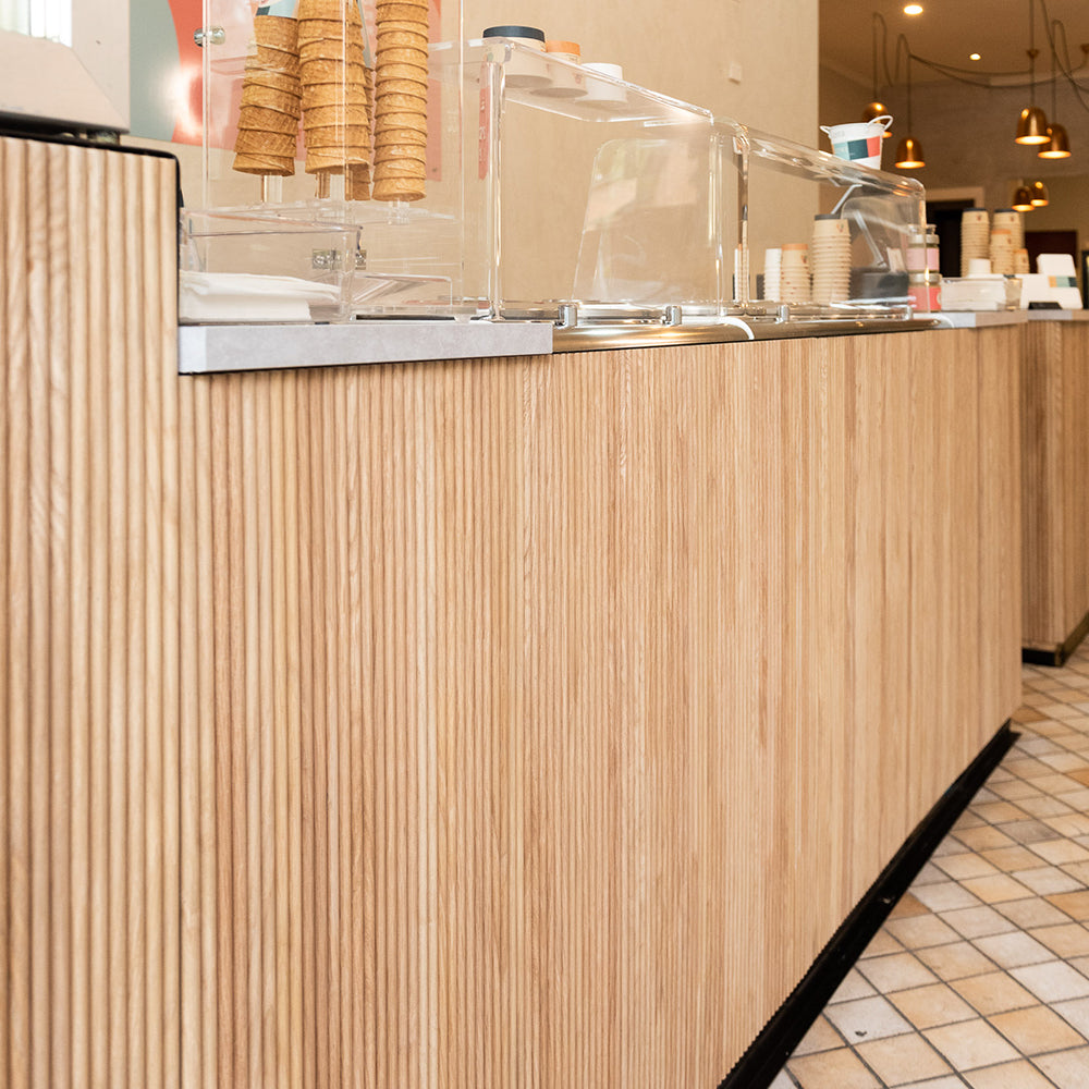 WOODFLEX Flexible Wooden Slat Under Bench Counter Panel - Oak Veneer - 900mm x 600mm - Half Round