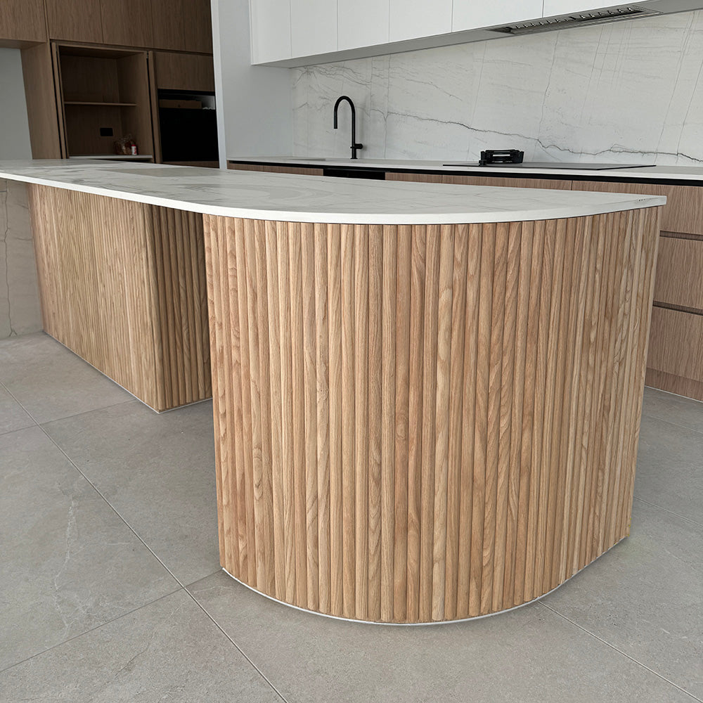 WOODFLEX Flexible Wooden Slat Under Bench Counter Panel - Oak Veneer - 900mm x 600mm - Half Round