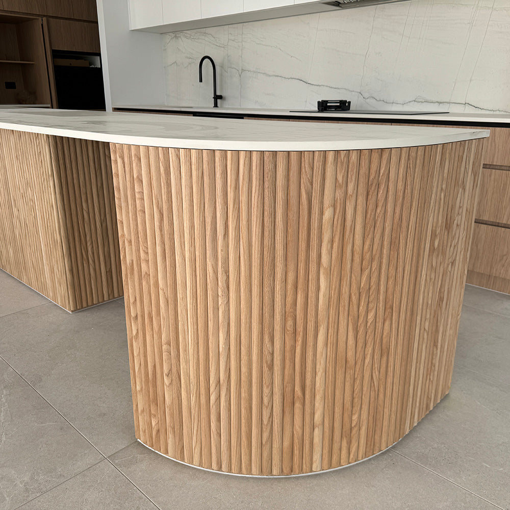 WOODFLEX Flexible Wooden Slat Under Bench Counter Panel - Oak Veneer - 900mm x 600mm - Half Round