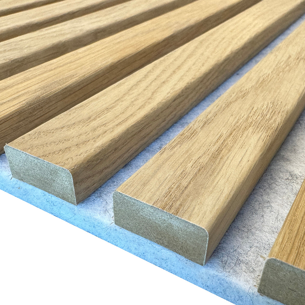 WOODFLEX Flexible Acoustic Wood Slat Panel - 3 Sided Oak Veneer on Light Grey - 2700mm x 600mm