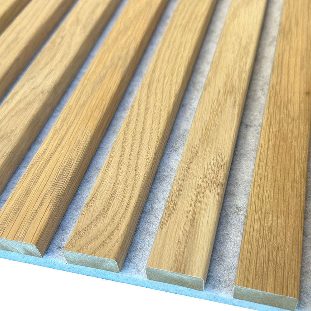 WOODFLEX Flexible Acoustic Wood Slat Panel - 3 Sided Oak Veneer on Light Grey - 2700mm x 600mm