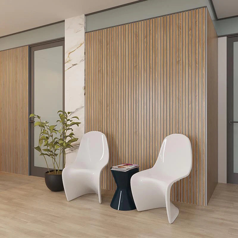 WOODFLEX Flexible Acoustic Wood Slat Panel - 3 Sided Oak Veneer on Light Grey - 2700mm x 600mm